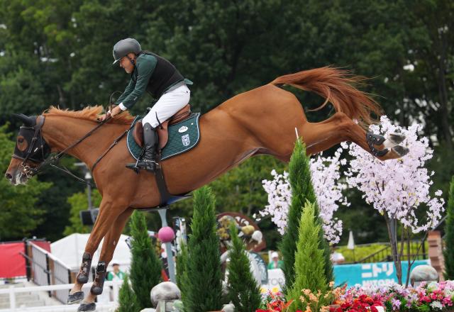 (261004) -- TOKYO, Oct. 4, 2026 (Xinhua) -- Ramzy Hamad Al Duhami of Saudi Arabia riding Untouchable 32 competes during the jumping Ind B (up to 1.55m) 2nd round of equestrian at the 20th Asian Games Aichi-Nagoya 2026 in Tokyo, Japan, Oct. 4, 2026. (Photo by Wang Shen/Xinhua)