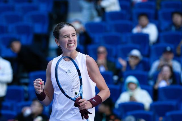 (261004) -- BEIJING, Oct. 4, 2026 (Xinhua) -- Nikola Bartunkova celebrates after winning the women's singles third round match between Aryna Sabalenka of Belarus and Nikola Bartunkova of the Czech Republic at 2026 China Open tennis tournament in Beijing, China, Oct. 4, 2026. (Xinhua/Ju Huanzong)
