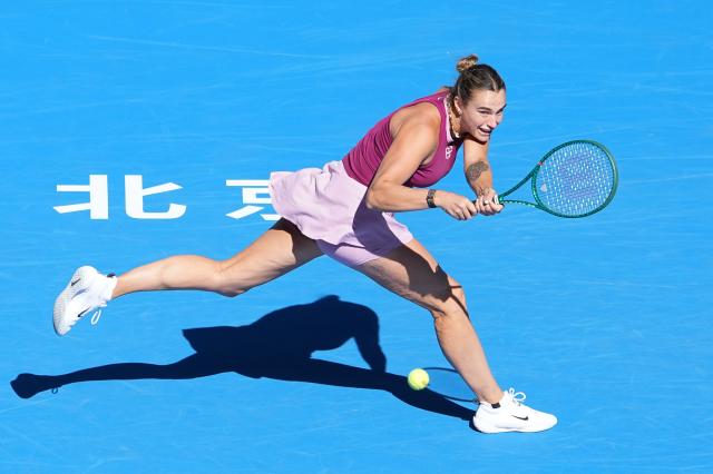 (261004) -- BEIJING, Oct. 4, 2026 (Xinhua) -- Aryna Sabalenka competes during the women's singles third round match between Aryna Sabalenka of Belarus and Nikola Bartunkova of the Czech Republic at 2026 China Open tennis tournament in Beijing, China, Oct. 4, 2026. (Xinhua/Ju Huanzong)
