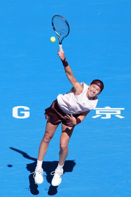 (261004) -- BEIJING, Oct. 4, 2026 (Xinhua) -- Nikola Bartunkova serves during the women's singles third round match between Aryna Sabalenka of Belarus and Nikola Bartunkova of the Czech Republic at 2026 China Open tennis tournament in Beijing, China, Oct. 4, 2026. (Xinhua/Ju Huanzong)