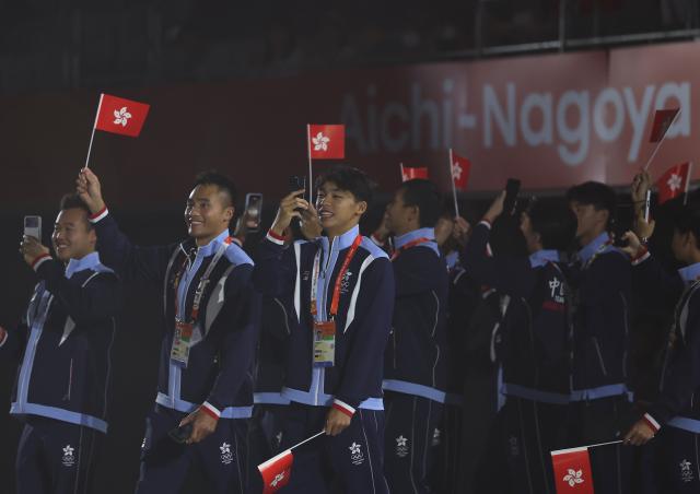 (261004) -- NAGOYA, Oct. 4, 2026 (Xinhua) -- Delegation of Hong Kong of China parade into the stadium during the closing ceremony of the 20th Asian Games Aichi-Nagoya 2026 in Nagoya, Japan, Oct. 4, 2026. (Xinhua/Jia Haocheng)