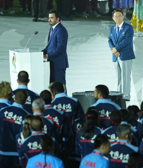 (261004) -- NAGOYA, Oct. 4, 2026 (Xinhua) -- Sheikh Joaan Bin Hamad Al Thani (top L), president of the Olympic Council of Asia (OCA), speaks during the closing ceremony of the 20th Asian Games Aichi-Nagoya 2026 in Nagoya, Japan, Oct. 4, 2026. (Xinhua/Cheong Kam Ka)