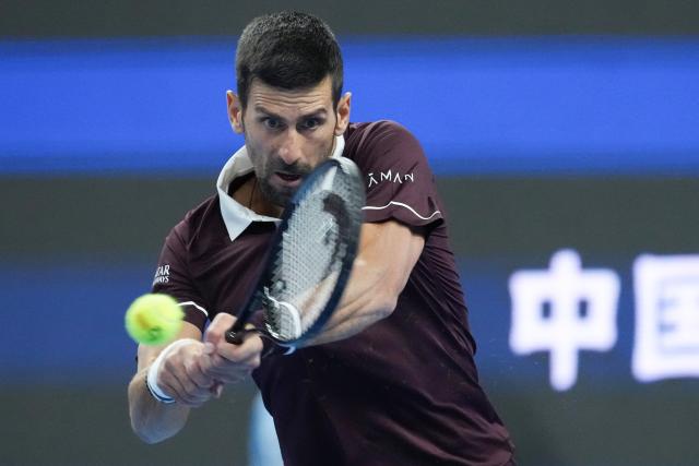 (261004) -- BEIJING, Oct. 4, 2026 (Xinhua) -- Novak Djokovic competes during the men's singles quarterfinal match between Alexander Zverev of Germany and Novak Djokovic of Serbia at 2026 China Open tennis tournament in Beijing, China, Oct. 4, 2026. (Xinhua/Ju Huanzong)