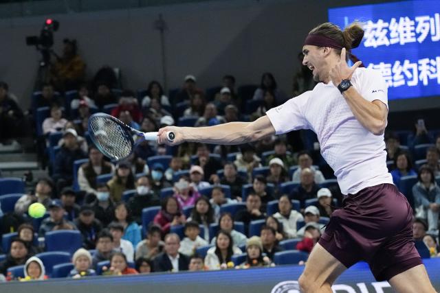 (261004) -- BEIJING, Oct. 4, 2026 (Xinhua) -- Alexander Zverev competes during the men's singles quarterfinal match between Alexander Zverev of Germany and Novak Djokovic of Serbia at 2026 China Open tennis tournament in Beijing, China, Oct. 4, 2026. (Xinhua/Ju Huanzong)