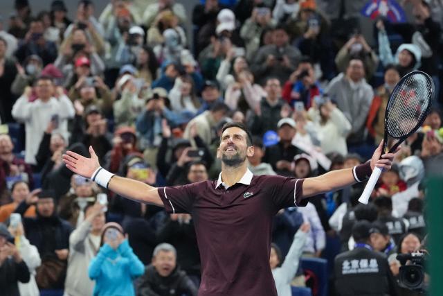 (261004) -- BEIJING, Oct. 4, 2026 (Xinhua) -- Novak Djokovic celebrates after the men's singles quarterfinal match between Alexander Zverev of Germany and Novak Djokovic of Serbia at 2026 China Open tennis tournament in Beijing, China, Oct. 4, 2026. (Xinhua/Ju Huanzong)