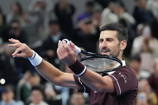 (261004) -- BEIJING, Oct. 4, 2026 (Xinhua) -- Novak Djokovic celebrates after the men's singles quarterfinal match between Alexander Zverev of Germany and Novak Djokovic of Serbia at 2026 China Open tennis tournament in Beijing, China, Oct. 4, 2026. (Xinhua/Ju Huanzong)