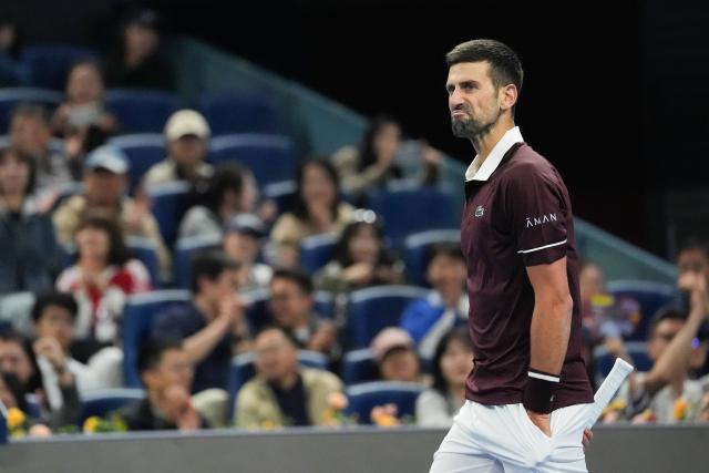 (261004) -- BEIJING, Oct. 4, 2026 (Xinhua) -- Novak Djokovic reacts during the men's singles quarterfinal match between Alexander Zverev of Germany and Novak Djokovic of Serbia at 2026 China Open tennis tournament in Beijing, China, Oct. 4, 2026. (Xinhua/Ju Huanzong)