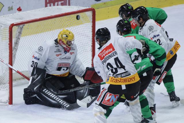 (261005) -- LJUBLJANA, Oct. 5, 2026 (Xinhua) -- Miha Bericic (3rd R) of HK Olimpija shoots to score during the 2026/27 ICE Hockey League match between HK Olimpija and Pioneers Vorarlberg at the Sports Hall Tivoli, Ljubljana, Slovenia, Oct 4, 2026. (Photo by Zeljko Stevanic/Xinhua)