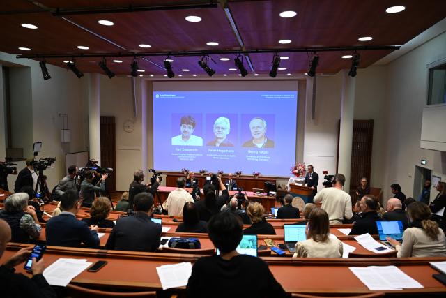 (261005) -- STOCKHOLM, Oct. 5, 2026 (Xinhua) -- The 2026 Nobel Prize in Physiology or Medicine is announced in Stockholm, Sweden, Oct. 5, 2026. Karl Deisseroth, Peter Hegemann and Georg Nagel were awarded the 2026 Nobel Prize in Physiology or Medicine on Monday for their discoveries concerning light-gated ion channels and optogenetics, the Nobel Assembly at Sweden's Karolinska Institute announced. (Xinhua/Lyu You)