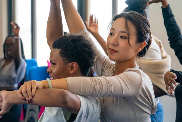 (261005) -- NAIROBI, Oct. 5, 2026 (Xinhua) -- Chinese teacher Mu Yuying (R) teaches a local student Chinese dance at the Confucius Institute at Kenyatta University in Nairobi, Kenya, Oct. 1, 2026. October 5 marks World Teachers' Day. Over the years, Confucius Institutes across Africa have actively promoted Chinese language education and cultural exchange, playing an important role in fostering mutual learning between China and African countries and strengthening friendship between the Chinese and African peoples. (Xinhua/Xie Jianfei)
