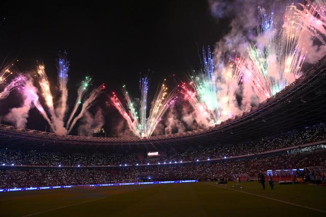 (261005) -- JAKARTA, Oct. 5, 2026 (Xinhua) -- Firework is seen during the closing ceremony before the FIFA ASEAN Cup 2026 Division 1 Final Match between Indonesia and Thailand at Gelora Bung Karno Stadium in Jakarta, Indonesia, Oct. 5, 2026. (Xinhua/Agung Kuncahya B.)