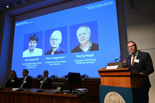 (261005) -- STOCKHOLM, Oct. 5, 2026 (Xinhua) -- The 2026 Nobel Prize in Physiology or Medicine is announced in Stockholm, Sweden, Oct. 5, 2026. Karl Deisseroth, Peter Hegemann and Georg Nagel were awarded the 2026 Nobel Prize in Physiology or Medicine on Monday for their discoveries concerning light-gated ion channels and optogenetics, the Nobel Assembly at Sweden's Karolinska Institute announced. (Xinhua/Lyu You)