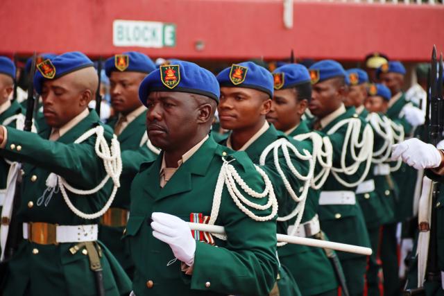 (261005) -- MASERU, Oct. 5, 2026 (Xinhua) -- Soldiers attend celebrations marking Lesotho's 60th Independence Anniversary in Maseru, Lesotho, Oct. 4, 2026. (Photo by Silence Charumbira/Xinhua)