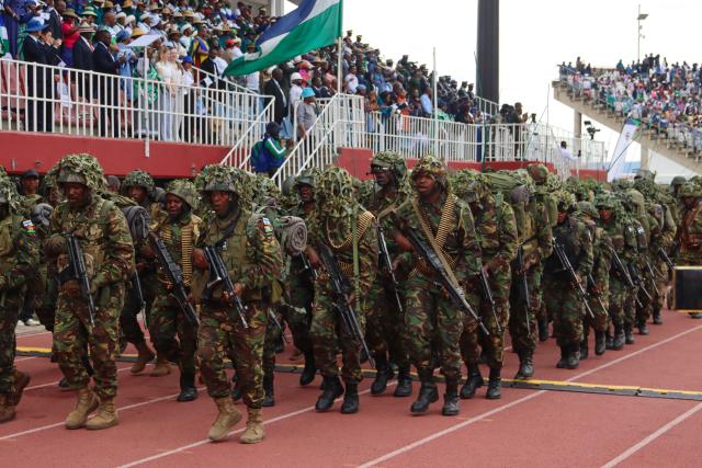(261005) -- MASERU, Oct. 5, 2026 (Xinhua) -- Soldiers attend celebrations marking Lesotho's 60th Independence Anniversary in Maseru, Lesotho, Oct. 4, 2026. (Photo by Silence Charumbira/Xinhua)