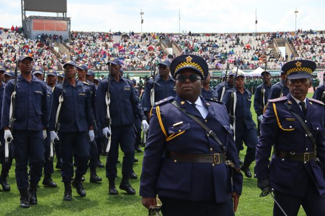 (261005) -- MASERU, Oct. 5, 2026 (Xinhua) -- Police officers attend celebrations marking Lesotho's 60th Independence Anniversary in Maseru, Lesotho, Oct. 4, 2026. (Photo by Silence Charumbira/Xinhua)