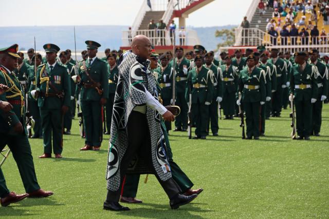 (261005) -- MASERU, Oct. 5, 2026 (Xinhua) -- Letsie III, the King of Lesotho (C), attends celebrations marking Lesotho's 60th Independence Anniversary in Maseru, Lesotho, Oct. 4, 2026. (Photo by Silence Charumbira/Xinhua)