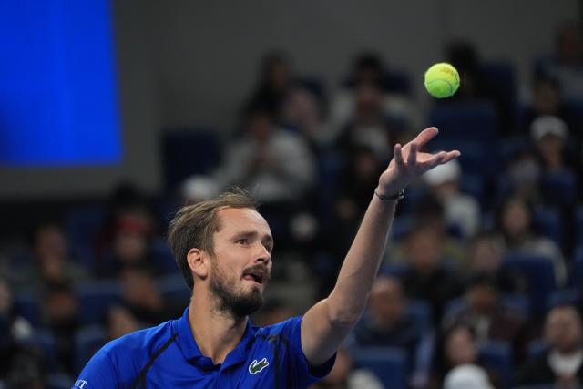 (261006) -- BEIJING, Oct. 6, 2026 (Xinhua) -- Daniil Medvedev serves during the men's singles semifinal match between Daniil Medvedev of Russia and Novak Djokovic of Serbia at 2026 China Open tennis tournament in Beijing, China, Oct. 5, 2026. (Xinhua/Xie Han)
