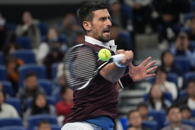 (261006) -- BEIJING, Oct. 6, 2026 (Xinhua) -- Novak Djokovic competes during the men's singles semifinal match between Daniil Medvedev of Russia and Novak Djokovic of Serbia at 2026 China Open tennis tournament in Beijing, China, Oct. 5, 2026. (Xinhua/Xie Han)