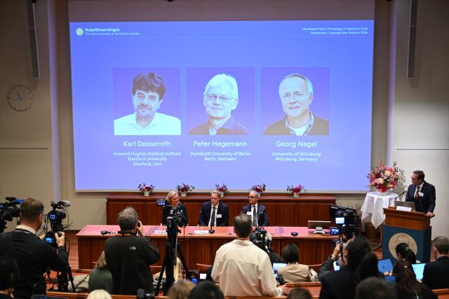 (261006) -- BEIJING, Oct. 6, 2026 (Xinhua) -- The 2026 Nobel Prize in Physiology or Medicine is announced in Stockholm, Sweden, Oct. 5, 2026. Karl Deisseroth, Peter Hegemann and Georg Nagel were awarded the 2026 Nobel Prize in Physiology or Medicine on Monday for their discoveries concerning light-gated ion channels and optogenetics, the Nobel Assembly at Sweden's Karolinska Institute announced. (Xinhua/Lyu You)