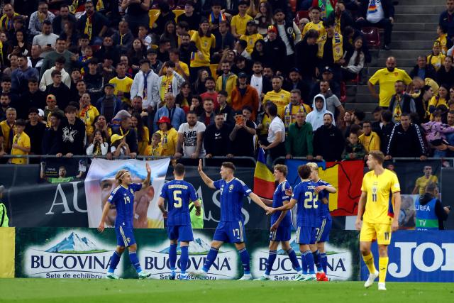 (261006) -- BUCHAREST, Oct. 6, 2026 (Xinhua) -- Sweden's players celebrate after Viktor Gyokeres (3rd L) scores during the UEFA Nations League 2026/27 League B Group B4 match between Romania and Sweden in Bucharest, Romania, Oct. 5, 2026. (Photo by Cristian Cristel/Xinhua)