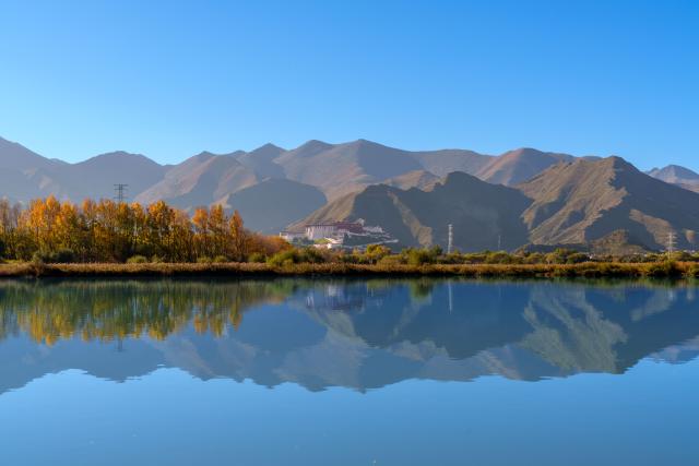 (261006) -- LHASA, Oct. 6, 2026 (Xinhua) -- This photo taken on Oct. 6, 2026 shows the Lhalu wetland and the Potala Palace in distance in Lhasa, southwest China's Xizang Autonomous Region. Lhalu Wetland National Nature Reserve, known as "the Lung of Lhasa", features a vibrant and thriving ecological landscape in autumn. (Xinhua/Tenzing Nima Qadhup)