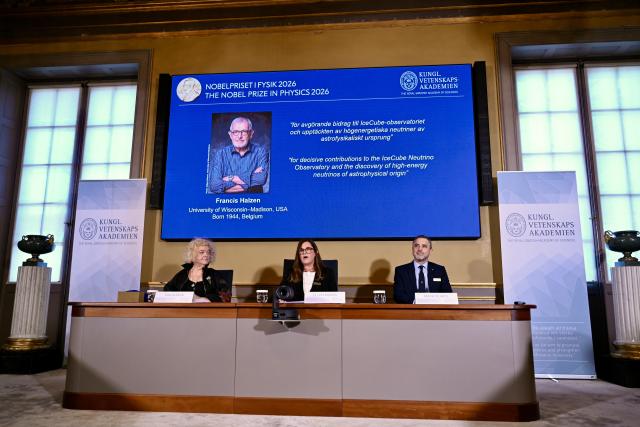 (261006) -- STOCKHOLM, Oct. 6, 2026 (Xinhua) -- The 2026 Nobel Prize in Physics is announced in Stockholm, Sweden, Oct. 6, 2026. Francis Halzen has been awarded the Nobel Prize in Physics 2026 for decisive contributions to the IceCube Neutrino Observatory and the discovery of high-energy neutrinos of astrophysical origin, the Royal Swedish Academy of Sciences announced Tuesday. (Xinhua/Lyu You)