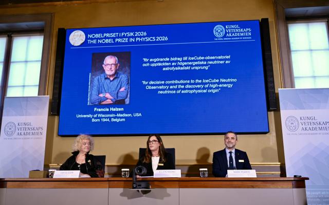 (261006) -- STOCKHOLM, Oct. 6, 2026 (Xinhua) -- The 2026 Nobel Prize in Physics is announced in Stockholm, Sweden, Oct. 6, 2026. Francis Halzen has been awarded the Nobel Prize in Physics 2026 for decisive contributions to the IceCube Neutrino Observatory and the discovery of high-energy neutrinos of astrophysical origin, the Royal Swedish Academy of Sciences announced Tuesday. (Xinhua/Lyu You)