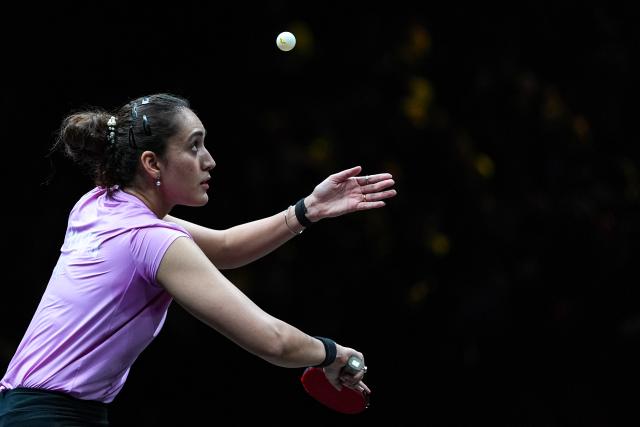 (261006) -- BEIJING, Oct. 6, 2026 (Xinhua) -- Manika Batra of India serves during the women's singles round of 32 match against Wang Manyu of China at 2025 World Table Tennis (WTT) China Smash in Beijing, China, Oct. 6, 2026. (Xinhua/Xie Han)
