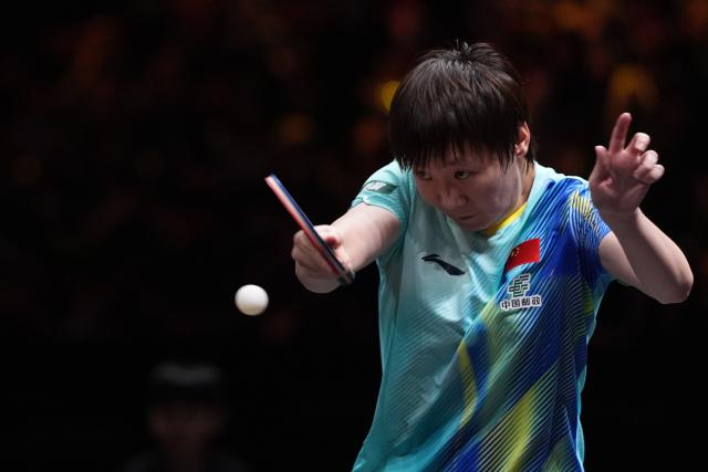 (261006) -- BEIJING, Oct. 6, 2026 (Xinhua) -- Wang Manyu of China hits a return during the women's singles round of 32 match against Manika Batra of India at 2025 World Table Tennis (WTT) China Smash in Beijing, China, Oct. 6, 2026. (Xinhua/Xie Han)