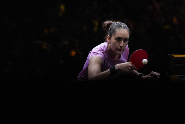 (261006) -- BEIJING, Oct. 6, 2026 (Xinhua) -- Manika Batra of India hits a return during the women's singles round of 32 match against Wang Manyu of China at 2025 World Table Tennis (WTT) China Smash in Beijing, China, Oct. 6, 2026. (Xinhua/Xie Han)