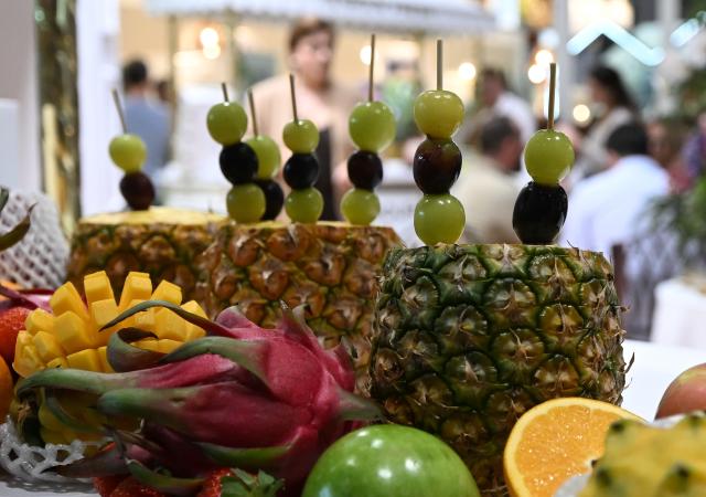 (261006) -- MADRID, Oct. 6, 2026 (Xinhua) -- Fruits are displayed at Fruit Attraction in Madrid, Spain, Oct. 6, 2026. Fruit Attraction is scheduled to take place from Oct. 6 to Oct. 8 in Madrid. (Xinhua/Cheng Min)