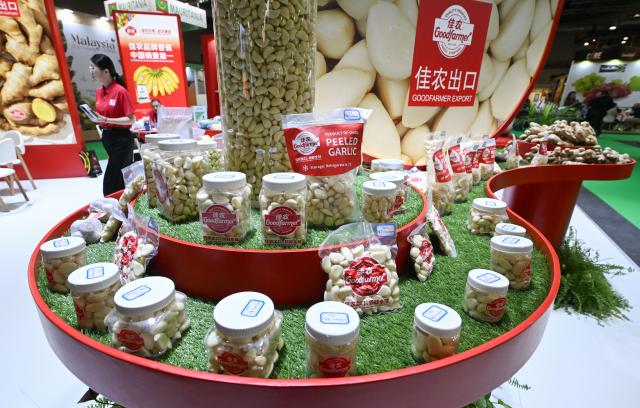 (261006) -- MADRID, Oct. 6, 2026 (Xinhua) -- Chinese garlic is displayed at Fruit Attraction in Madrid, Spain, Oct. 6, 2026. Fruit Attraction is scheduled to take place from Oct. 6 to Oct. 8 in Madrid. (Xinhua/Cheng Min)