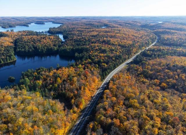 (261007) -- ONTARIO, Oct. 7, 2026 (Xinhua) -- An aerial drone photo taken on Oct. 6, 2026 shows autumn scenery near Highway 60 in Ontario, Canada. Ontario's landscapes have transformed into a stunning autumn wonderland in October. (Photo by Zou Zheng/Xinhua)