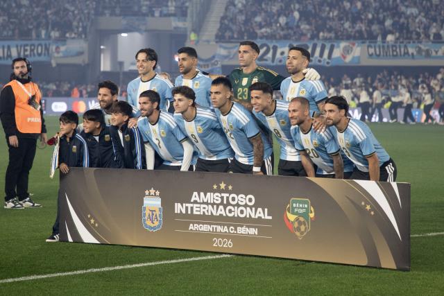 (261007) -- BUENOS AIRES, Oct. 7, 2026 (Xinhua) -- Lionel Messi (3rd L) of Argentina poses before a football friendly match between Argentina and Benin at the Monumental Stadium in Buenos Aires, capital of Argentina, on Oct. 6, 2026. The match marked Lionel Messi's final appearance for the Argentina national football team. (Photo by Martin Zabala/Xinhua)
