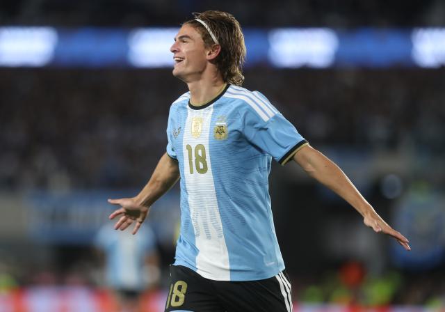 (261007) -- BUENOS AIRES, Oct. 7, 2026 (Xinhua) -- Nicolas Paz of Argentina celebrates after scoring during a football friendly match between Argentina and Benin at the Monumental Stadium in Buenos Aires, capital of Argentina, on Oct. 6, 2026. The match marked Lionel Messi's final appearance for the Argentina national football team. (Photo by Martin Zabala/Xinhua)