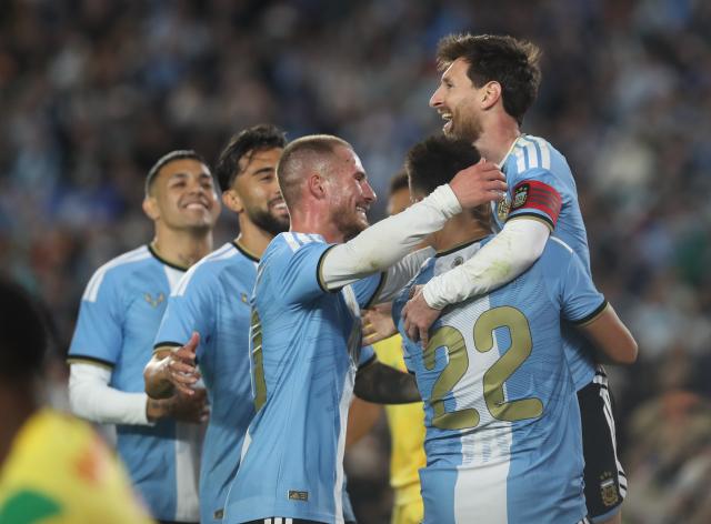 (261007) -- BUENOS AIRES, Oct. 7, 2026 (Xinhua) -- Lionel Messi (1st R) of Argentina celebrates with his teammates after scoring during a football friendly match between Argentina and Benin at the Monumental Stadium in Buenos Aires, capital of Argentina, on Oct. 6, 2026. The match marked Lionel Messi's final appearance for the Argentina national football team. (Photo by Martin Zabala/Xinhua)