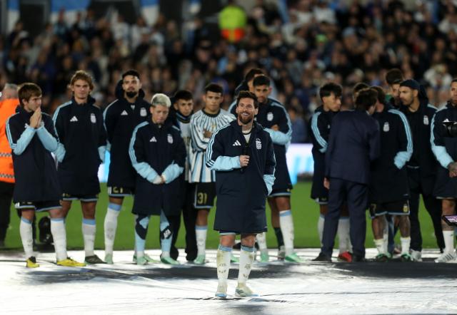 (261007) -- BUENOS AIRES, Oct. 7, 2026 (Xinhua) -- Lionel Messi (C) of Argentina speaks to the spectators after a football friendly match between Argentina and Benin at the Monumental Stadium in Buenos Aires, capital of Argentina, on Oct. 6, 2026. The match marked Lionel Messi's final appearance for the Argentina national football team. (Photo by Martin Zabala/Xinhua)