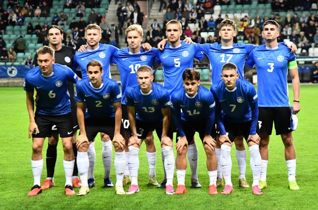 (261007) -- TALLINN, Oct. 7, 2026 (Xinhua) -- Estonia's players pose for a team photo before the UEFA Nations League 2026/27 League C Group C4 match between Estonia and Iceland at A. Le Coq Arena in Tallinn, Estonia, Oct. 6, 2026. (Photo by Sergei Stepanov/Xinhua)