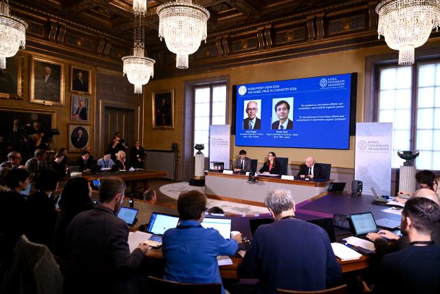 (261007) -- STOCKHOLM, Oct. 7, 2026 (Xinhua) -- The 2026 Nobel Prize in Chemistry is announced in Stockholm, Sweden, Oct. 7, 2026. Henri Kagan and Kenso Soai have been awarded the 2026 Nobel Prize in Chemistry for their discovery of non-linear effects and autocatalysis in asymmetric organic synthesis, the Royal Swedish Academy of Sciences announced Wednesday. (Xinhua/Lyu You)