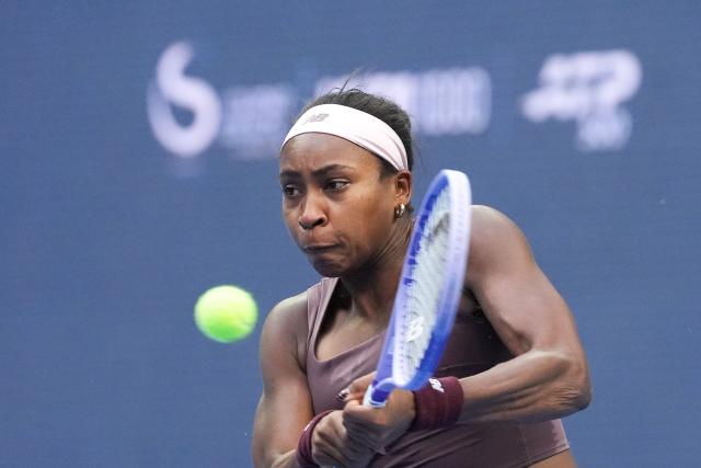 (261007) -- BEIJING, Oct. 7, 2026 (Xinhua) -- Coco Gauff competes during the women's singles fourth round match between Coco Gauff of the United States and Elise Mertens of Belgium at 2026 China Open tennis tournament in Beijing, China, Oct. 7, 2026. (Xinhua/Ju Huanzong)