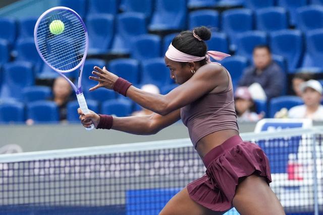(261007) -- BEIJING, Oct. 7, 2026 (Xinhua) -- Coco Gauff competes during the women's singles fourth round match between Coco Gauff of the United States and Elise Mertens of Belgium at 2026 China Open tennis tournament in Beijing, China, Oct. 7, 2026. (Xinhua/Ju Huanzong)