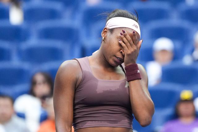 (261007) -- BEIJING, Oct. 7, 2026 (Xinhua) -- Coco Gauff reacts during the women's singles fourth round match between Coco Gauff of the United States and Elise Mertens of Belgium at 2026 China Open tennis tournament in Beijing, China, Oct. 7, 2026. (Xinhua/Ju Huanzong)