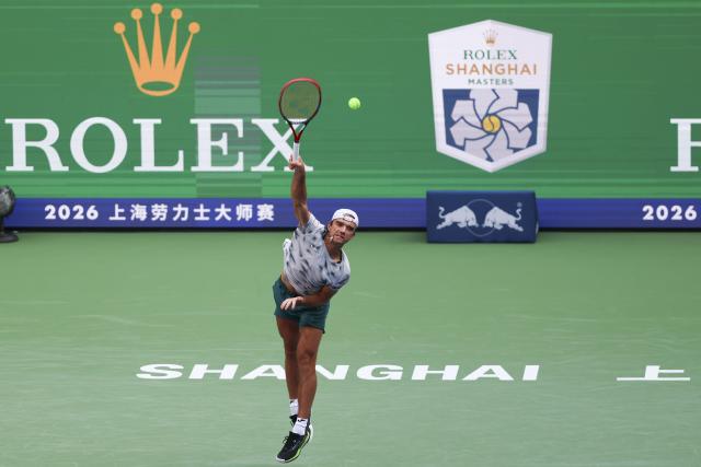 (261007) -- SHANGHAI, Oct. 7, 2026 (Xinhua) -- Tomas Machac serves during the men's singles first round match between Zhang Zhizhen of China and Tomas Machac of the Czech Republic at the 2026 ATP tour Shanghai Masters tennis tournament in Shanghai, China, Oct. 7, 2026. (Xinhua/Wang Xiang)