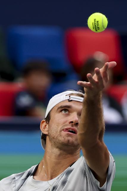 (261007) -- SHANGHAI, Oct. 7, 2026 (Xinhua) -- Tomas Machac serves during the men's singles first round match between Zhang Zhizhen of China and Tomas Machac of the Czech Republic at the 2026 ATP tour Shanghai Masters tennis tournament in Shanghai, China, Oct. 7, 2026. (Xinhua/Wang Xiang)