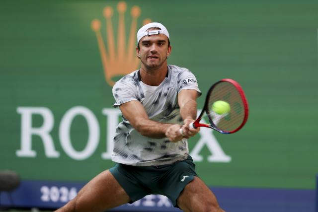 (261007) -- SHANGHAI, Oct. 7, 2026 (Xinhua) -- Tomas Machac hits a return during the men's singles first round match between Zhang Zhizhen of China and Tomas Machac of the Czech Republic at the 2026 ATP tour Shanghai Masters tennis tournament in Shanghai, China, Oct. 7, 2026. (Xinhua/Wang Xiang)