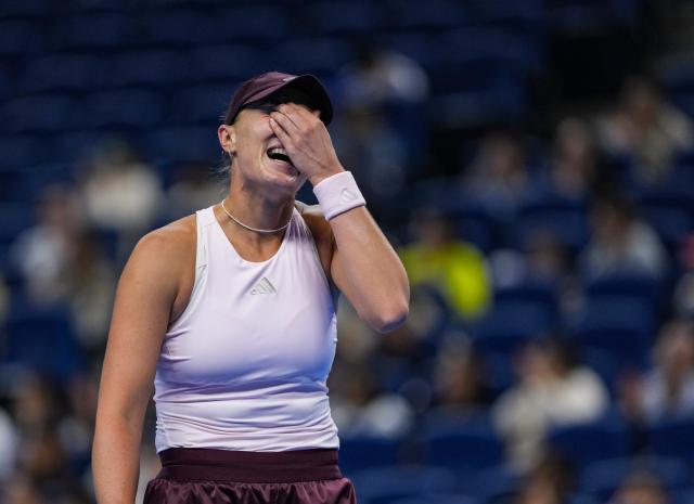 (261007) -- BEIJING, Oct. 7, 2026 (Xinhua) -- Alina Charaeva of Armenia reacts during the women's singles fourth round match between Zheng Qinwen of China and Alina Charaeva of Armenia at 2026 China Open tennis tournament in Beijing, China, Oct. 7, 2026. (Xinhua/Sun Fei)