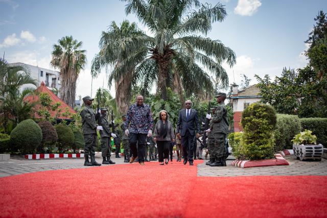 (261007) -- GOMA, Oct. 7, 2026 (Xinhua) -- Former Kenyan President Uhuru Kenyatta (L) and former Ethiopian President Sahle-Work Zewde (C), both members of an African Union panel of facilitators, arrive for a meeting in Goma, capital of North Kivu Province, eastern Democratic Republic of the Congo (DRC), Oct. 5, 2026. TO GO WITH "AU facilitators urge ceasefire compliance, continued talks in eastern DR Congo" (Xinhua)