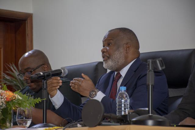 (261007) -- GOMA, Oct. 7, 2026 (Xinhua) -- Corneille Nangaa (R), leader of the Congo River Alliance, a politico-military coalition allied with the March 23 Movement, speaks during a press conference in Goma, capital of North Kivu Province, eastern Democratic Republic of the Congo (DRC), Oct. 7, 2026. TO GO WITH "AU facilitators urge ceasefire compliance, continued talks in eastern DR Congo" (Xinhua)