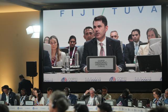 (261008) -- NADI, Oct. 8, 2026 (Xinhua) -- Murat Kurum, president-designate of the 31st Conference of the Parties (COP31) of the United Nations Framework Convention on Climate Change, delivers a speech at a ministerial preparatory meeting ahead of COP31 (Pre-COP31) in Nadi, Fiji, Oct. 7, 2026. TO GO WITH "COP31 president-designate urges global push for concrete climate action" (Xinhua/Bai Yongquan)