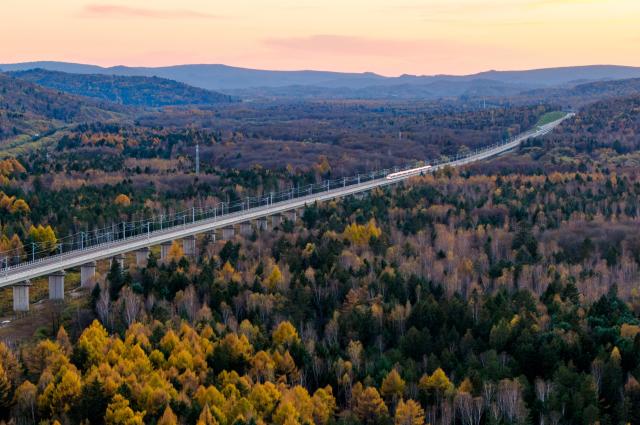 (261008) -- YICHUN, Oct. 8, 2026 (Xinhua) -- An aerial drone photo taken on Oct. 6, 2026 shows a bullet train of Harbin-Yichun high-speed railway running through forests in autumn scenery in Yichun, northeast China's Heilongjiang Province. The Harbin-Yichun high-speed railway, China's northernmost high-speed railway which officially entered service on Sept. 28, underlines the country's efforts to direct more transport infrastructure investment toward border areas, forest regions and less-developed regions, while helping boost development and prosperity in northeast China's border regions. (Photo by Li Jiaxing/Xinhua)